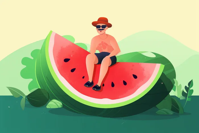 卡通插画坐着西瓜上面的男孩绿植素材