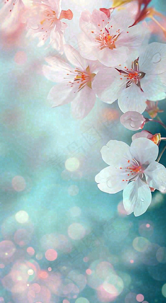 春天枝条上开满花朵，春分摄影图