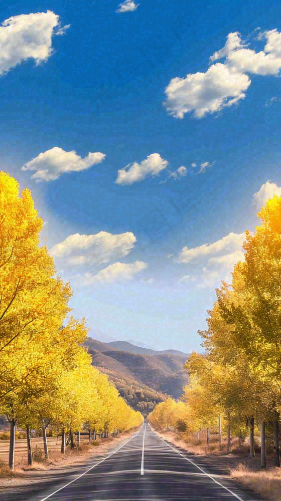 秋天蓝天白云下唯美公路旁的黄叶树木，秋分处暑摄影图