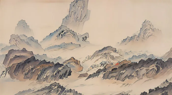 大气写意中国传统工笔画山水插画壁纸-悬石
