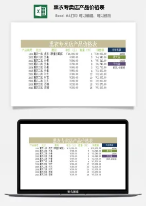 熏衣专卖店产品价格表excel模板预览图
