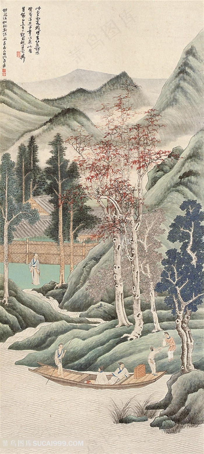 张大千中国画秋林载酒图 - 菜鸟图库