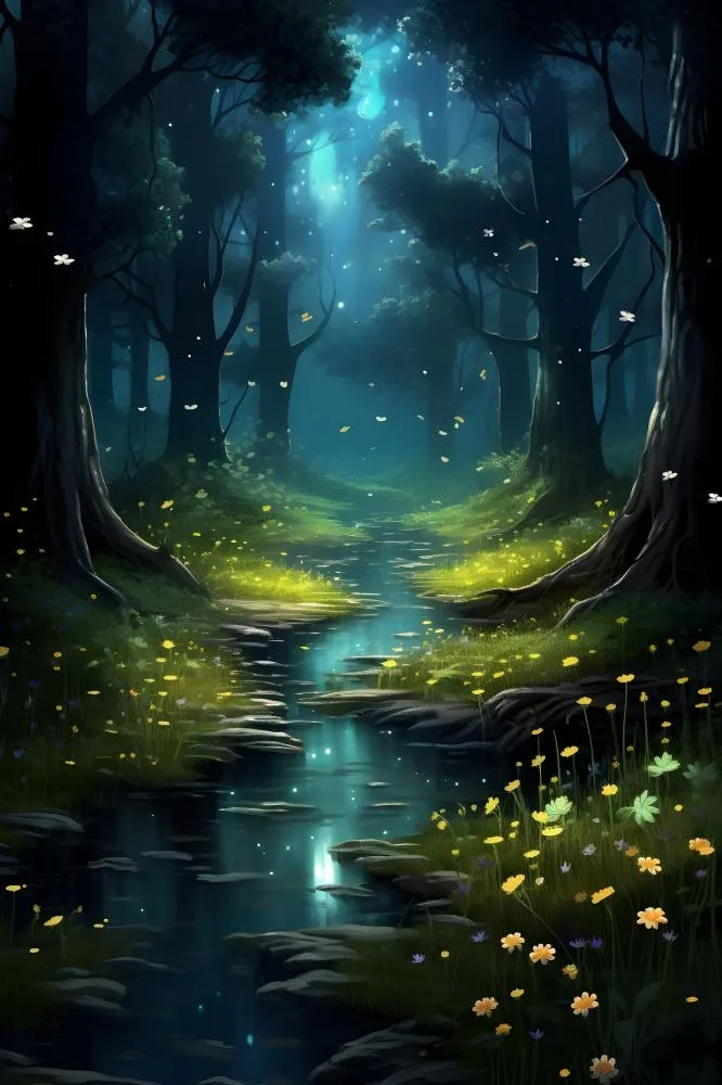 夜晚森林萤火虫树林背景