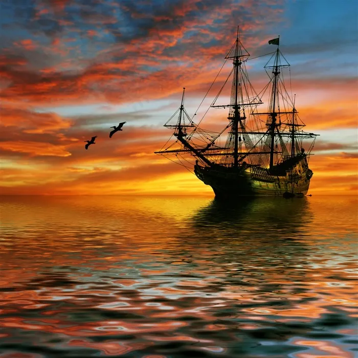 夕阳航海帆船摄影高清图片