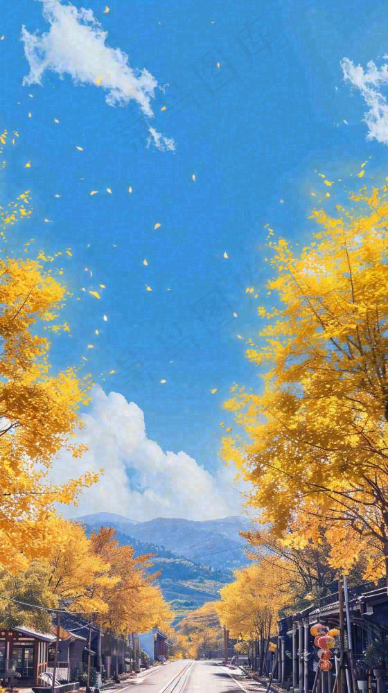 秋天蓝天白云下唯美公路旁的黄叶树木，秋分处暑摄影图