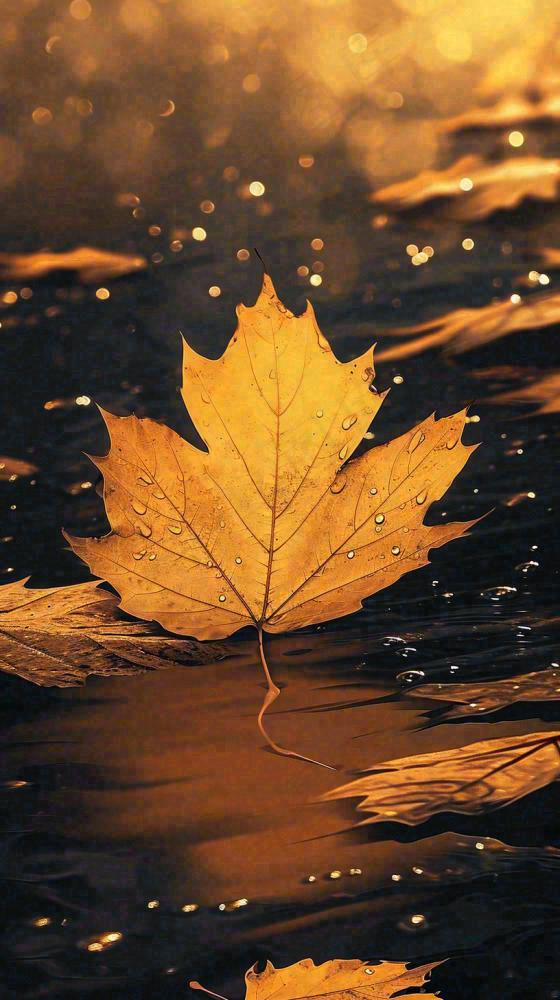 秋天黄色秋叶落叶雨天特写故事感，秋分立秋摄影图