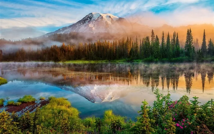 美国自然风景雪山湖泊图片