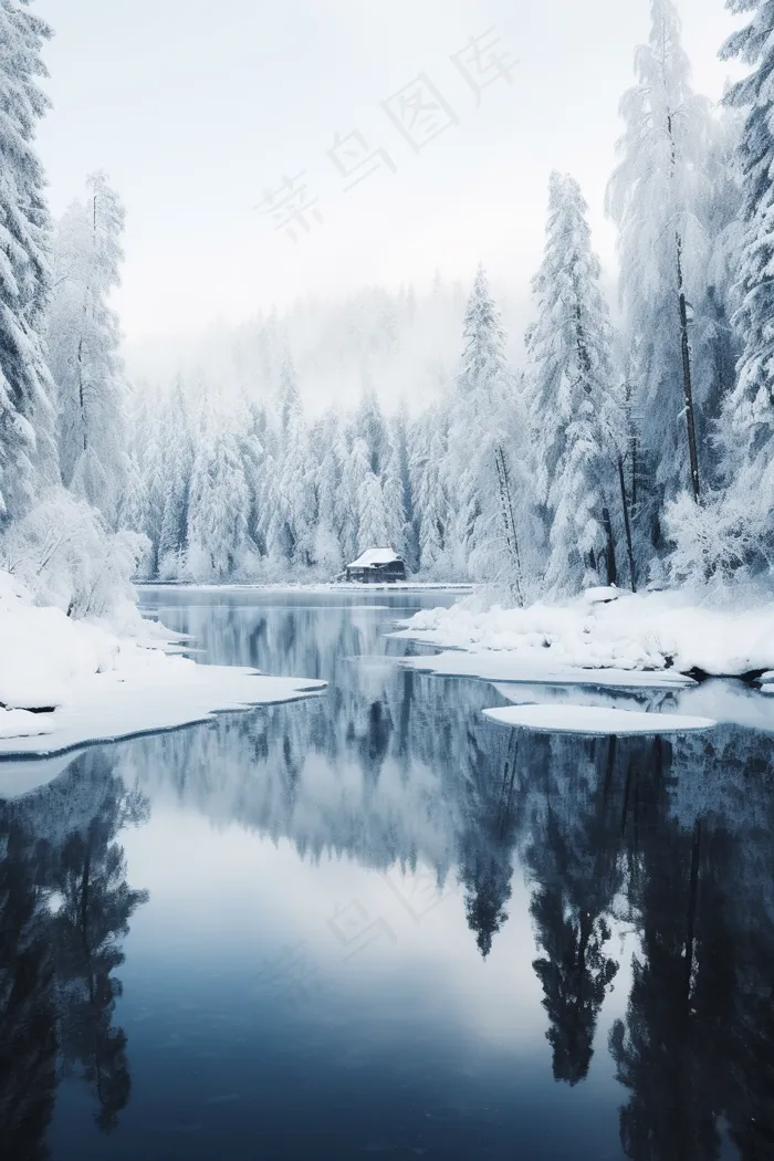 雪天森林深处的湖边小木屋摄影图