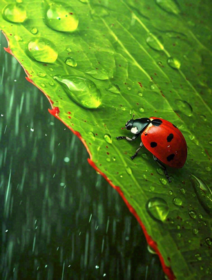下雨，绿色树叶上，七星瓢虫，雨水，惊蛰，谷雨，春天摄影图