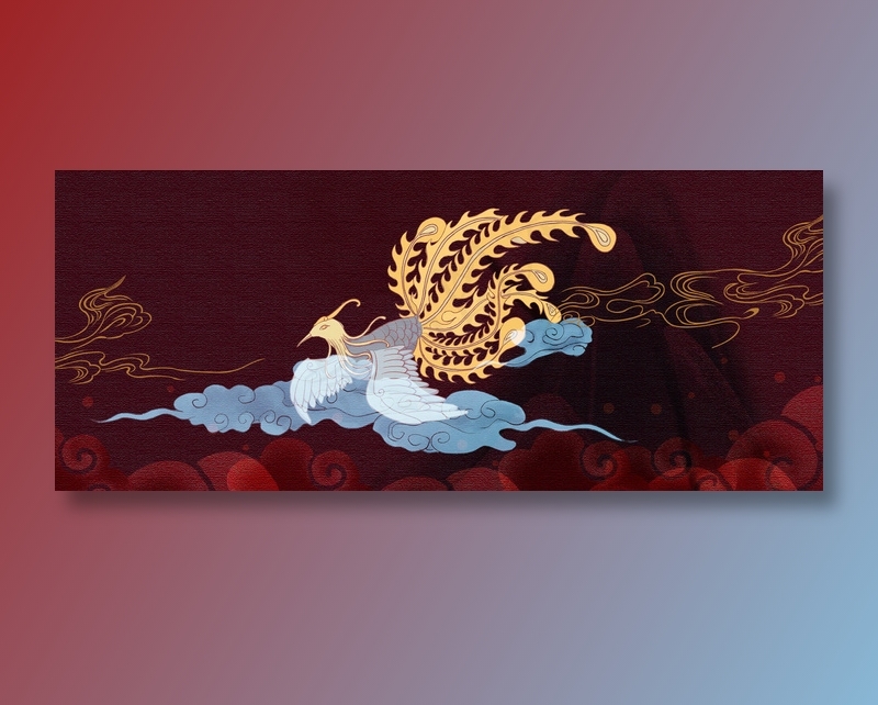 手绘凤凰祥云国潮风展板背景1920x800psd模版下载