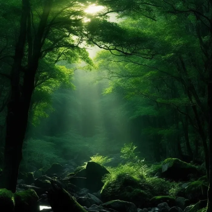 左侧光照下来的绿色森林背景图