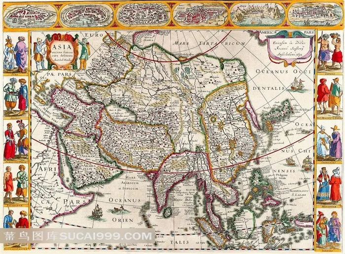 古典精美世界物产航海世界地图