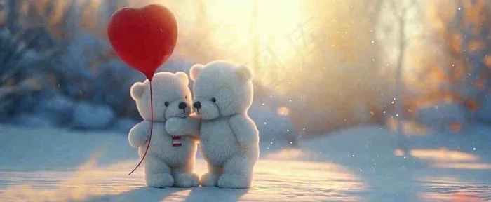 冬天雪地落日下爱情小熊，浪漫雪花情人节520爱情气球摄影图