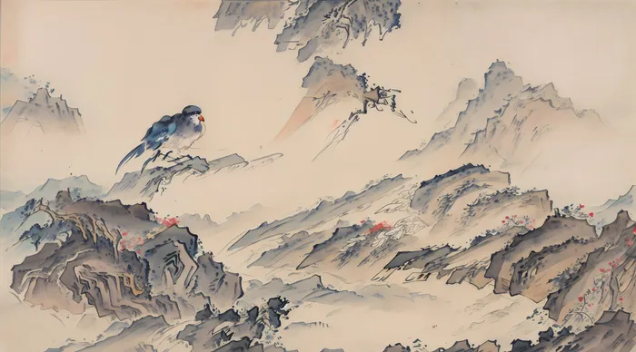 大气写意中国传统工笔画山水插画壁纸-蓝鸟