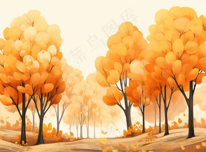 秋季树林黄色树叶卡通插画素材背景