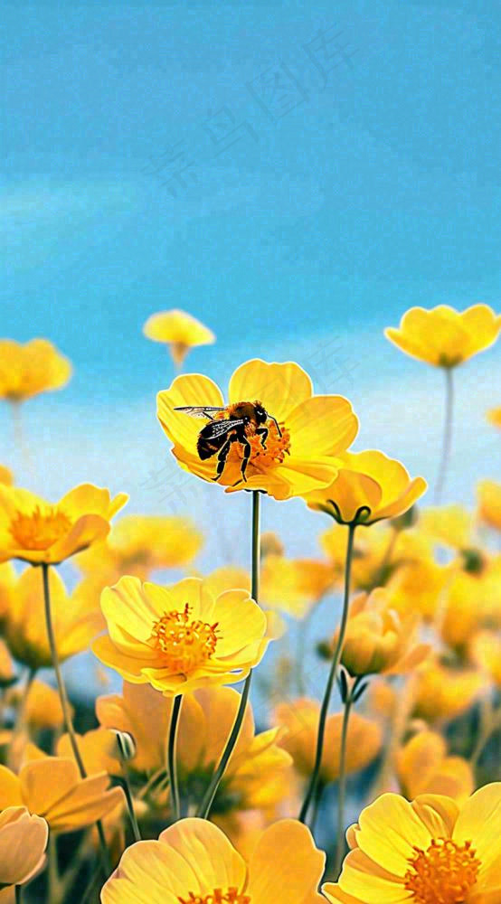 清新春天蓝天花丛黄色小花朵蜜蜂，春分摄影图