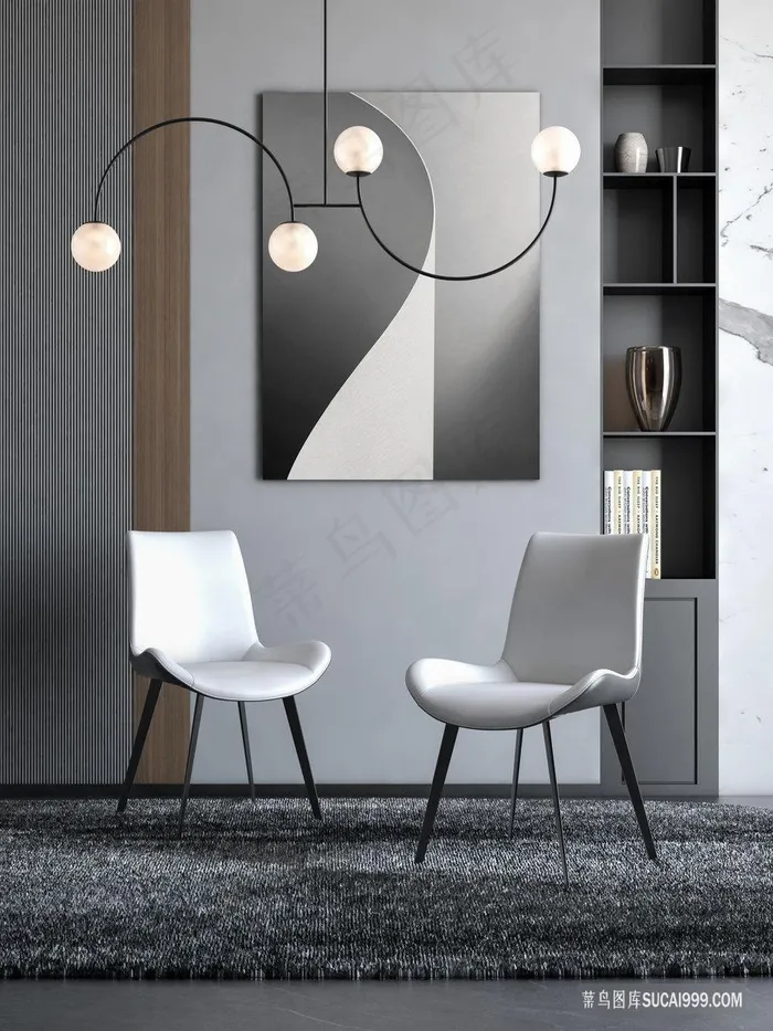 黑白意式极简装饰画纯白餐椅家具图片