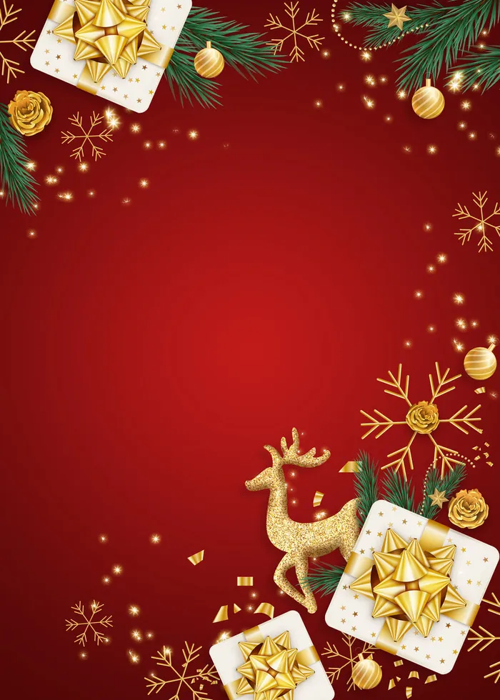 圣诞节礼盒金驯鹿红色背景