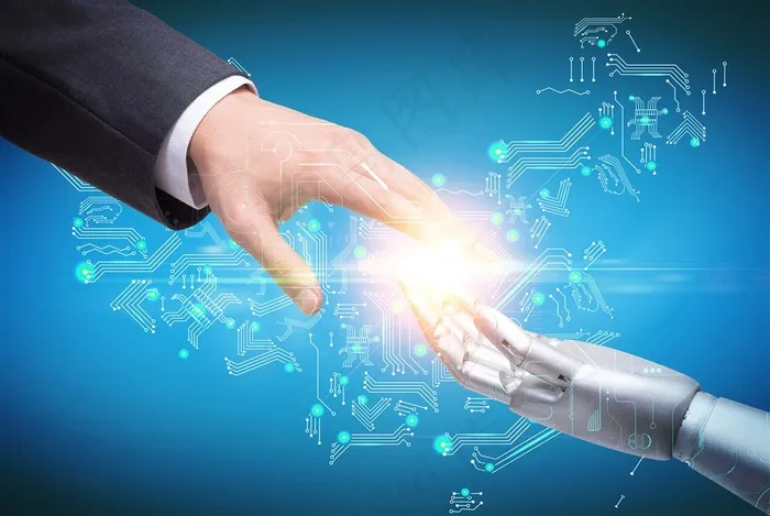 创意电路中国地图商务人士手臂与机器人手臂握手技术背景图片