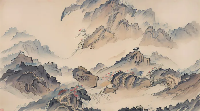 大气写意中国传统工笔画山水插画壁纸-山花