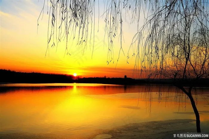 天鹅湖日落美景摄影图片