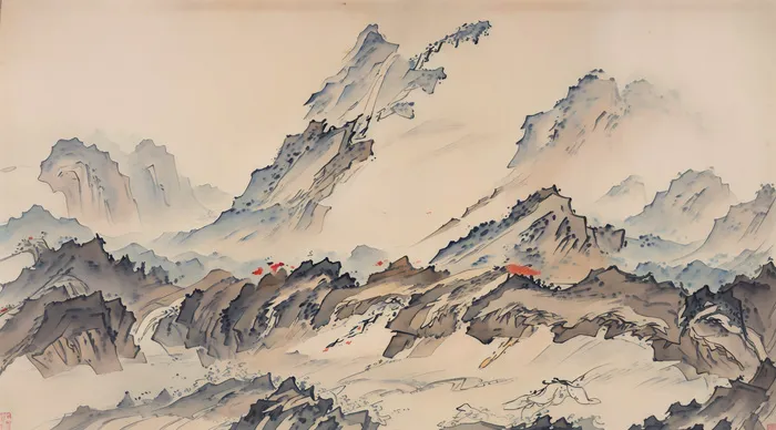 大气写意中国传统工笔画山水插画壁纸-天山路