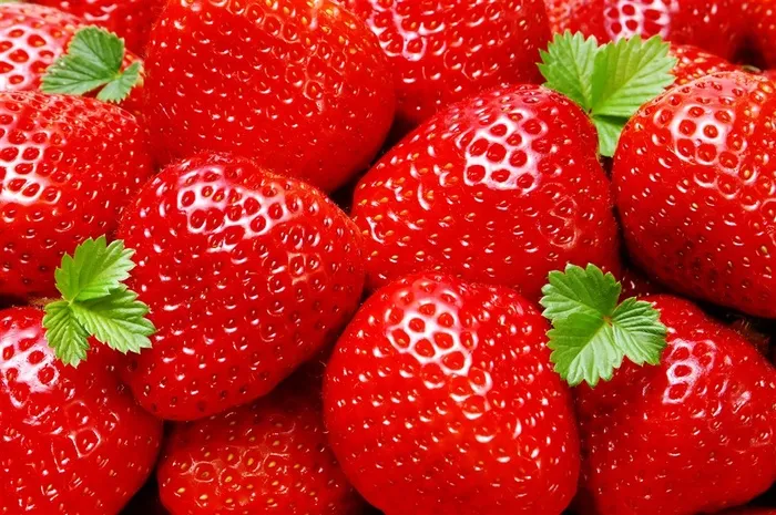 草莓高清图片素材绿色的草莓叶子红色成熟的草莓放一起摆放红色果实诱人水果图片