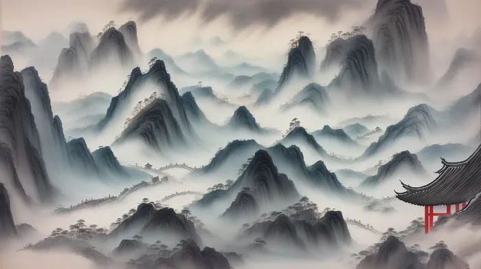 大气写意中国传统工笔画山水插画壁纸-远山