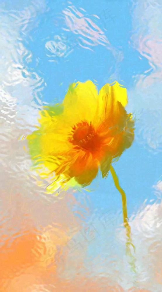 蓝天白云向日葵新鲜黄色花束，清新朦胧