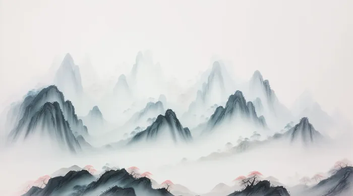 大气写意中国传统水墨画山水插画壁纸仙云