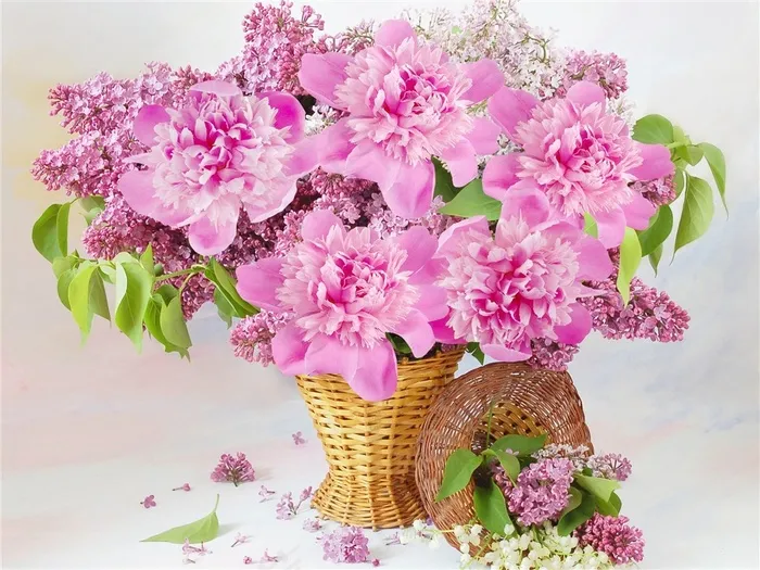 竹篮中的粉色鲜花花束图片