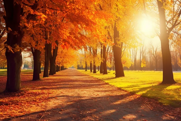 秋天金红色的树叶落叶树林小道摄影图