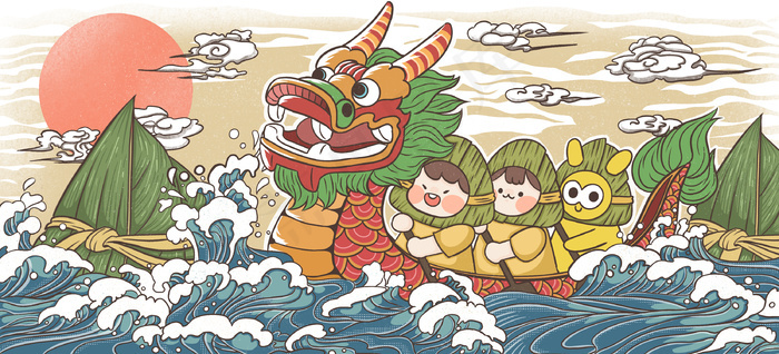 端午节舞龙的女孩手绘插画2000x2000dpi300psd模版下载