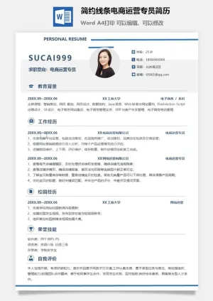 简约线条电商运营专员简历预览图