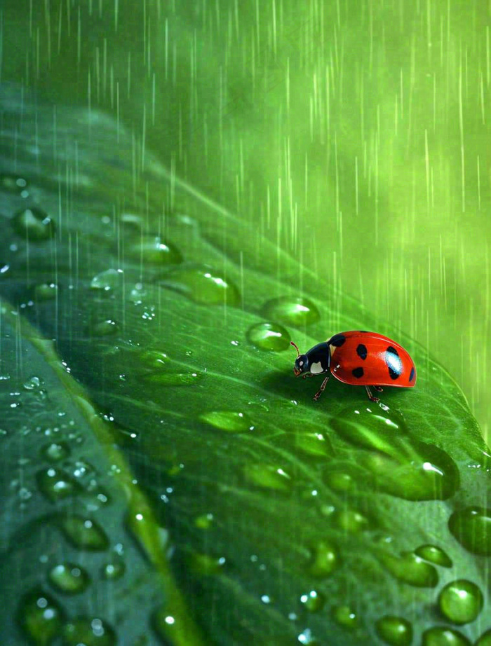 下雨，绿色树叶上，七星瓢虫，雨水，惊蛰，谷雨，春天摄影图