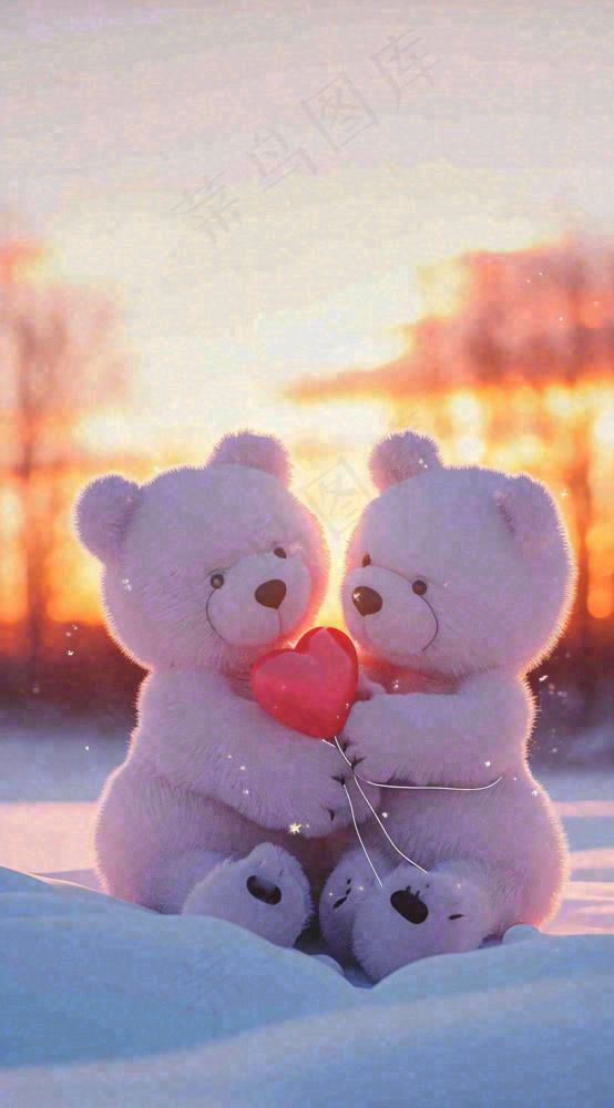 冬天爱心气球小熊浪漫情人节情人温馨，冬至小雪大雪摄影图