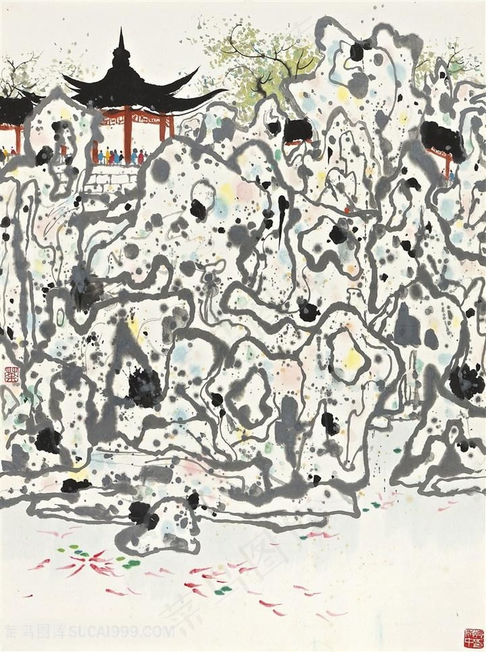 吴冠中手绘凉亭水墨山脉艺术装饰画