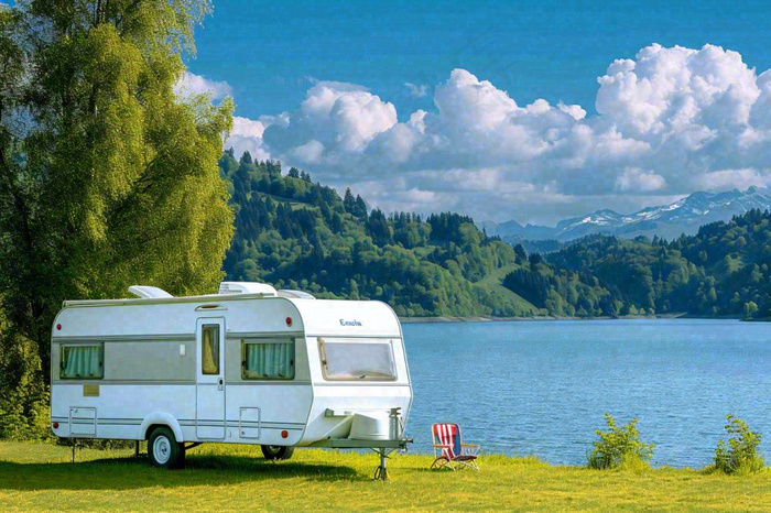 野外露营湖边停着一辆房车，野餐，春游摄影图