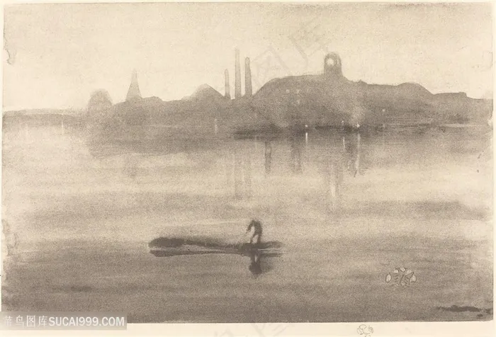 惠斯勒素描湖畔木船唯美风景画