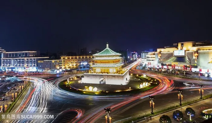 西安钟楼广场灯光夜景图片