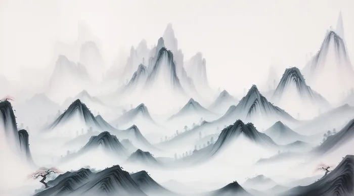 大气写意中国传统水墨画山水插画壁纸-重峦
