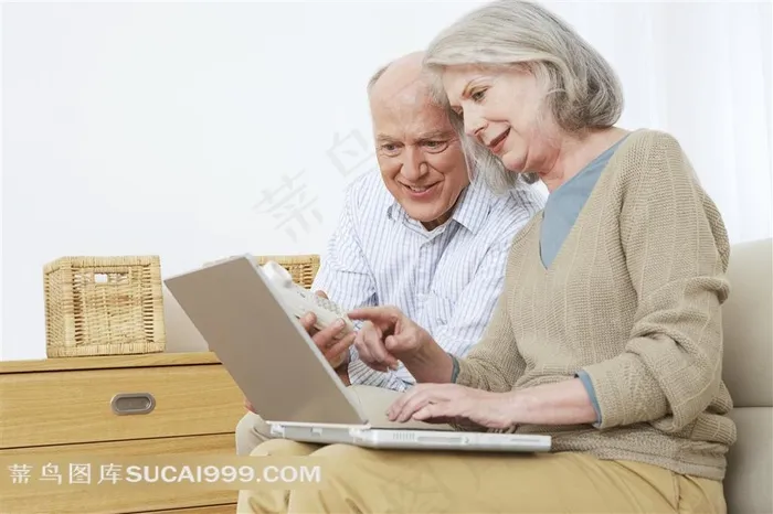休闲生活 恩爱老年夫妻看着笔记本电脑特写