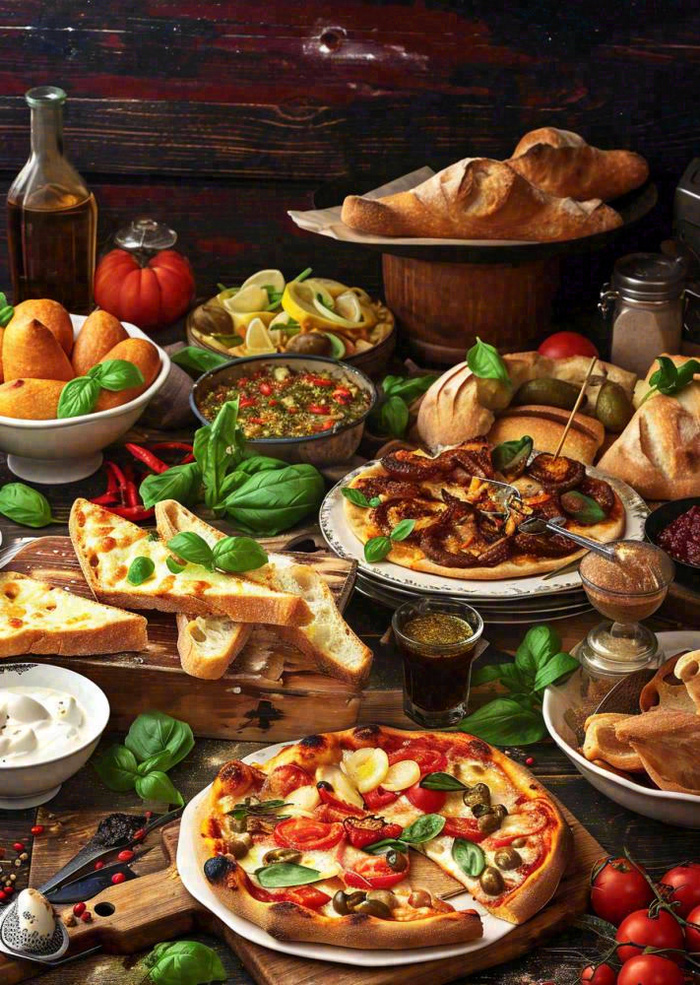 美食餐桌餐厅，烤肉披萨西餐水果红酒摄影图