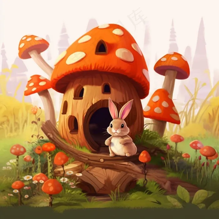蘑菇屋里小白兔家园卡通插画素材