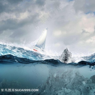 风雨中前行的帆船景色高清图片