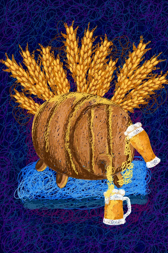啤酒面包小麦食物插画PSD素材