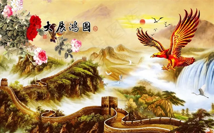 长城山水画背景墙图片