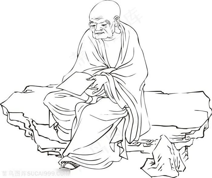 看书的僧人手绘线描108罗汉矢量PNG绘画图片