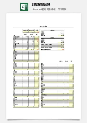 月度家庭预算excel模板预览图