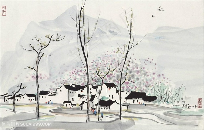 吴冠中水墨房子山脉装饰画